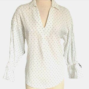 H&M Cream-White & Black Oval/Swiss Dot Blouse Long Bell Sleeve Sz XS #180A